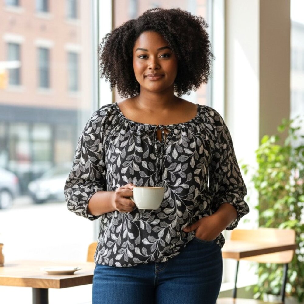 Olive & Martin Blouse Women's 2X Black Boat Neck 3/4 Sleeve Whimsygoth Peasant